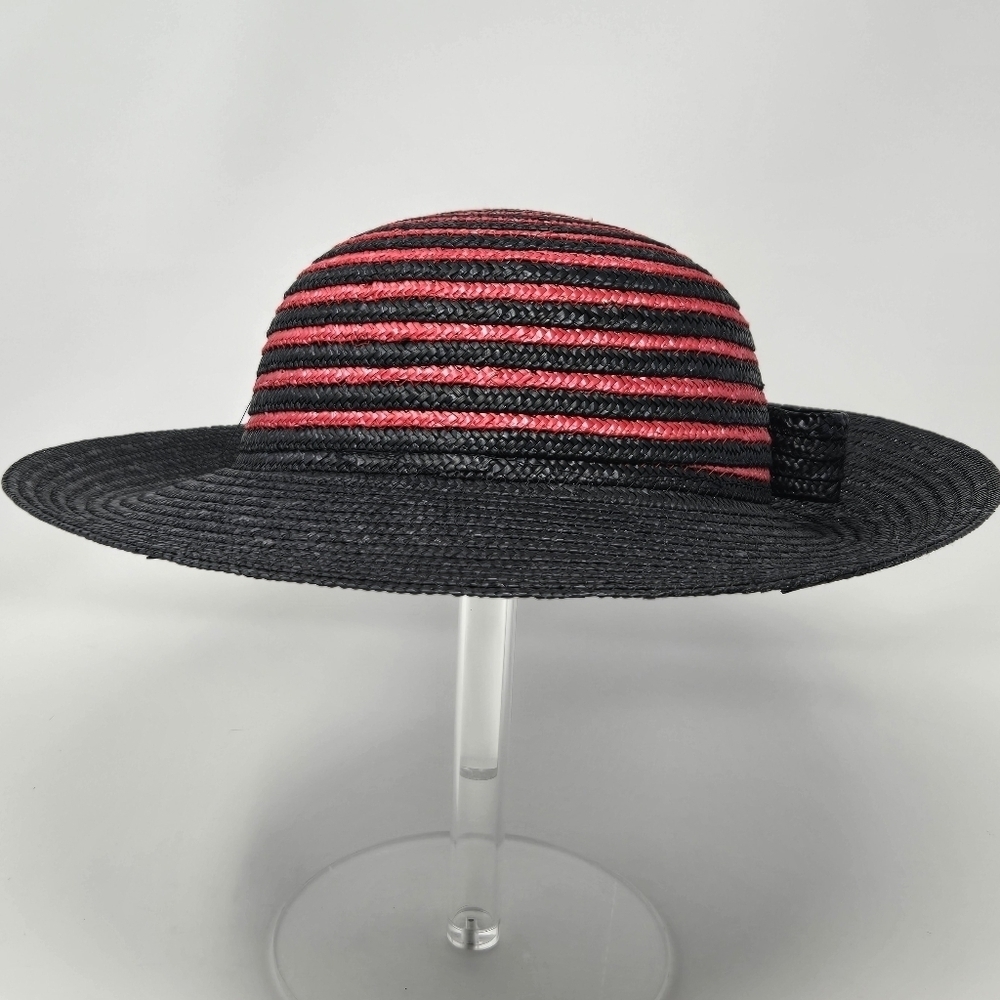 VINTAGE 100% NATURAL STRAW WOVEN HAT BLACK & RED SWIRL ITALY WOMEN OS WHIMSIGOTH - Picture 2 of 13